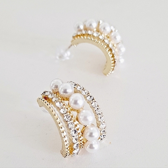 Gold Half Hoop Earrings Pearl Rhinestone Coquette Bridal Wedding Cocktail 💖 - Picture 15 of 16
